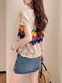 Alicedudu Áo thun tay ngắn thiết kế rỗng họa tiết sọc cầu vồng thanh lịch giản dị dành cho nữ, mùa hè - Nhiều màu - Xem 2
