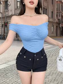 Blue Color Sexy Off Shoulder Front Ruched Top With Tight Fit Design And Textured Fabric For Casual Commute Simple Going Out Tops Vacation Beach Outfits Spring And Summer New Fashionable Women's Clothing - Blue - View 1