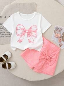 Set de 2 piezas con top de manga corta blanco con estampado de mariposa y pantalón corto falda rosa para niña joven, estilo casual y elegante, apropiado para salidas y vacaciones, para verano