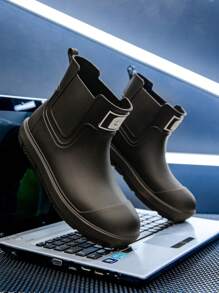 (Size Runs Small) 1 Pair Women's Fashion Mid-Calf Rain Boots, Faux Leather Pattern Waterproof Galoshes, Plus Size Chelsea Short Rainboots, Versatile Thick Waterproof Boots - Black - View 4