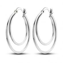 S925 Sterling Silver Large Double Hoop Earrings - Hypoallergenic Women's Geometric Jewellery, Minimalist Luxury Earrings For Everyday, Party And Anniversary Gifts - Silver - View 2