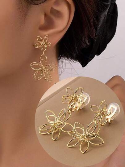 1 Pair Fashion Five-Leaf Woven Pendant Earcuffs, High-End Aesthetic Slimming Clip-On Earrings, Suitable For Women For Daily Wear And Holiday Gifts
