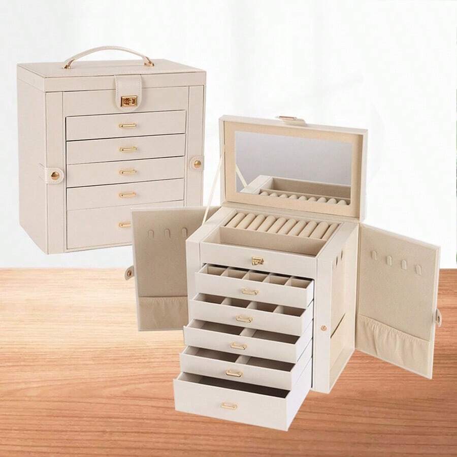 PU Leather Jewelry Box With Mirror, Large Capacity Jewelry Storage Box For Necklaces, Rings, Earrings, Bracelets, Lockable Gift Box With Mirror, Multifunctional Jewelry Organizer Box With Drawers - Portable Jewelry Box - View 1