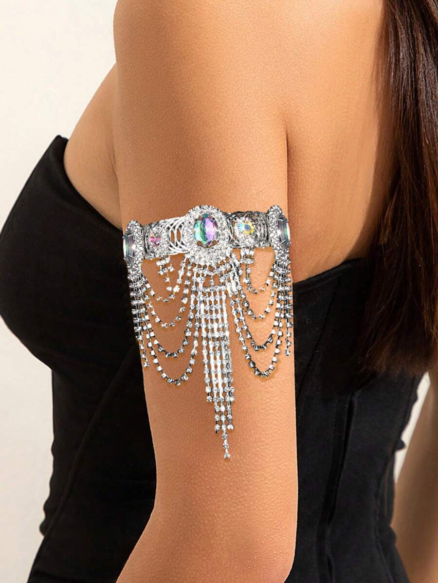 1pc Silver Personalized Fashion Multi-Layer Tassel Rhinestone Arm Bracelet Chain, Body Jewelry For Party