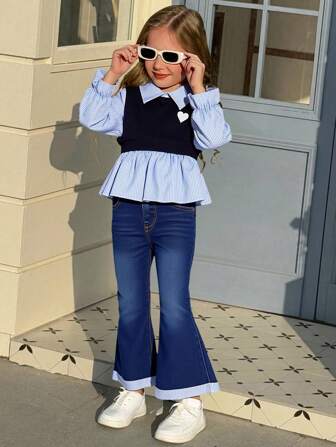 2pcs/Set Young Girl Fashion Casual 2 In 1 Polo Collar Top And Flared Hem Jeans Set