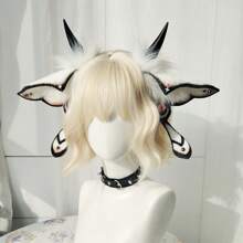 Halloween Demon Fantasy Creature Headpiece With Butterfly Decoration, Plush Moth Hairband Headwear Ear