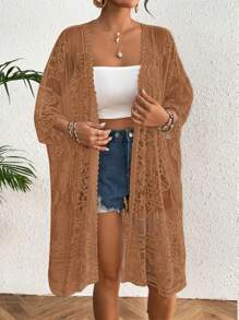 Women's Lace Bikini Cover-Up 3/4 Sleeves Open Front Sheer Mesh Crochet Kimono Cardigan - Coffee Brown - View 2
