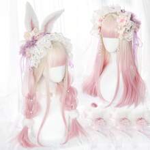 Blonde Ombre Pink Lolita Cosplay Wig Synthetic Long Straight Heat Resistant Women Fluffy Wig For Daily Party