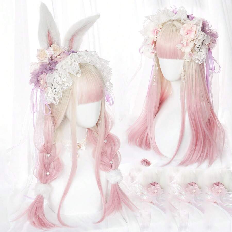 Blonde Ombre Pink Lolita Cosplay Wig Synthetic Long Straight Heat Resistant Women Fluffy Wig For Daily Party