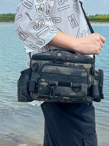 1 pièce Sac à appâts de pêche multi-compartiments imperméable avec motifs camouflage et géométriques - Couleurs unies, fermeture éclair, sangle d'épaule. Idéal pour le rangement du matériel de randonnée, de camping et de pêche en extérieur