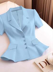 Women's Elegant Solid Color Casual Short Sleeve Top Button & Pocket Decor Blazer Jacket, Commuting Shirt Stylish For Spring/Summer
