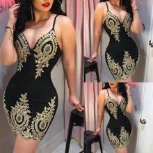 Female Sexy Voluptuary V-Neck Sheath Dress, Empire Waist Print Sleeveless Club Dress Party Cocktail Evening Miniskirt - 黑色 - 查看 1