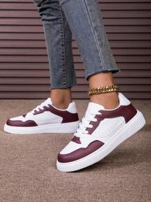 女士户外透气网眼低帮厚底系带滑板鞋，校园风格休闲时尚运动鞋，适合日常穿着