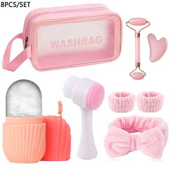 8 قطع مجموعة تنظيف الوجه والتدليك، تشمل: أسطوانة تدليك الوجه الجليدية القابلة لإعادة الاستخدام من السيليكون، أسطوانة ذات رأسين، لوح على شكل قلب، فرشاة تنظيف الوجه من السيليكون، شريط للرأس وسوار للغسيل، وحقيبة منظمة للغسيل، طقم العناية بالبشرة المحمول مناسب للنساء، منتجات التجميل والعناية بالبشرة، السبا، العناية الذاتية، أدوات العناية بالبشرة، العناية بالوجه، لوازم المعالجين، التدليك، أداة تدليك الوجه، أسطوانة الوجه