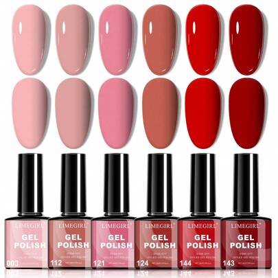  LIMEGIRL Gelnagellackset - Gelnagellackset i 6 nyanser i rosa, rosa rött gelnagellack, lämpligt för alla årstider, avtagbart, LED-nagellampa, Gelmanikyrset, gör-det-själv-nagelsalongspresent, för kvinnor