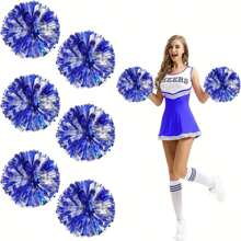 2pcs Bright Blue & Silver Pom Poms - Sparkling, Durable & Soft Cheerleader Pompoms, Suitable For Dancing, Fitness, School Sports, Festivals, Soccer, Basketball, Baseball Games - Multicolor - View 1