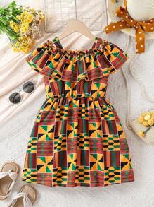 Girls' Geometric Pattern Ruffle Ruffle Hem Sleeveless Dress, Summer - Yellow - View 2