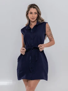 Faraya Jeans Navy Blue Tailored Shirt Dress With Tank Top And Buttons And Belt - 藏蓝色 - 查看 4