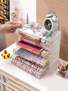 1pc Acrylic Transparent Drawer-Style Mask Storage Box, Desk Organizer Box For Lipsticks, Skincare, Makeup, Stationery, Large Capacity - Clear - View 3