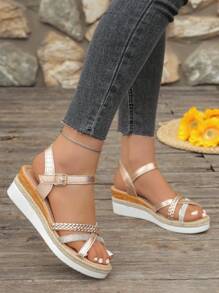 Aijiangluo Sandálias femininas novas, leves, versáteis e de bico aberto, com sola grossa e tira trançada, estilo férias de verão, adequadas para encontros, compras, deslocamento, festas e praia - Rosa ouro - Ver 2