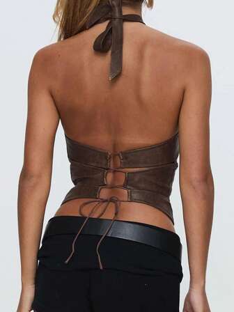 复古吊带绷带皮革背心性感露背修身女式 PU 背心惊艳春夏街头潮流辣妹上衣