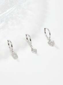 3pcs 925 Sterling Silver Earrings, Fashion Personalized Elegant Geometric Square Diamond-Shaped Heart Pendant Earrings, Suitable For Men And Women Daily Party To Wear Low Allergy Hoop Earrings, Perfect Birthday, Valentine's Day, Easter, Thanksgiving Jewelry Gifts