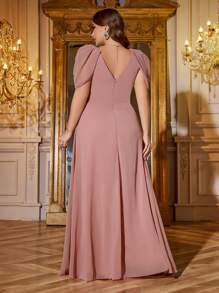 UNITHORSE Deep V-Neck Princess Sleeve Pleated Solid Color Chiffon Elegant Flowy Skirt Bridesmaid Dress, Bride Dress, Birthday Women Outfits, Graduation Dress, Formal Dress - Dusty Pink - View 2