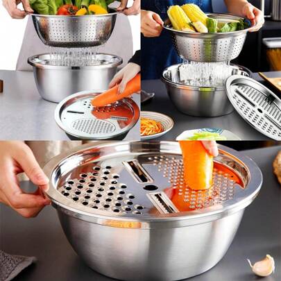 1 pezzo Set di ciotola in acciaio inossidabile con grattugia multifunzione, ciotola spessa per scolatura, tritatrice e grattugia per verdure in cucina