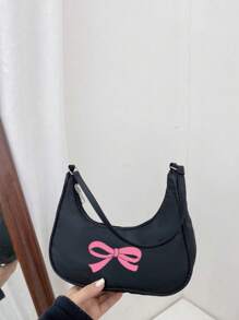 1pc Bow Print Summer Kids' Oxford Cloth Sling Bag, Basic Solid Color Zipper Underarm Crossbody Bag Suitable For College Students/Girls/Teenagers, Suitable For Festivals/Vacations/Holidays, University/College Classroom - Black - View 6