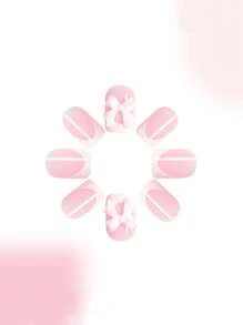 24pcs Short Square Press-On Nails, White French Tip With Bow Decor, Sweet Style Full Cover, Suitable For Women & Girls, Artificial Nails, Daily Wear Nail Accessories - Pink - View 4