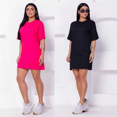 Kit 2 Vestidos Gola Redonda Algodão