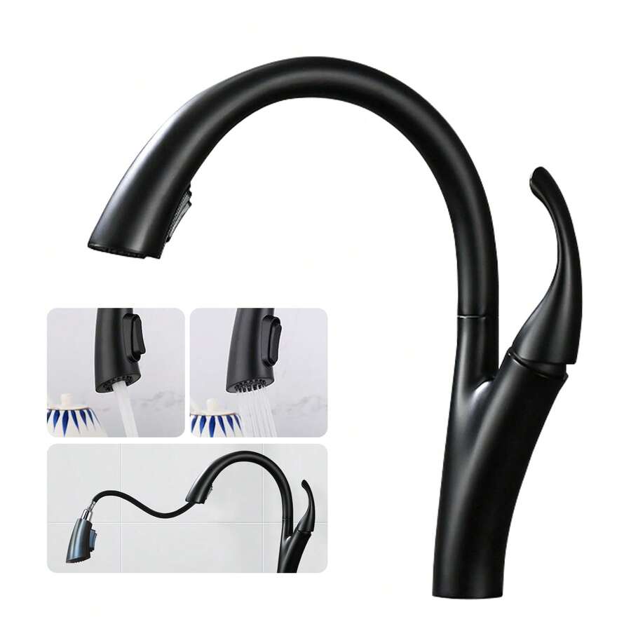 Pull-Out Basin Faucet With Hot/Cold Water Anti-Splash Kitchen Sink Faucet 360° Swivel Spray Modern Bathroom Vanity Faucet Undermount Installation - 黑色 - 查看 1