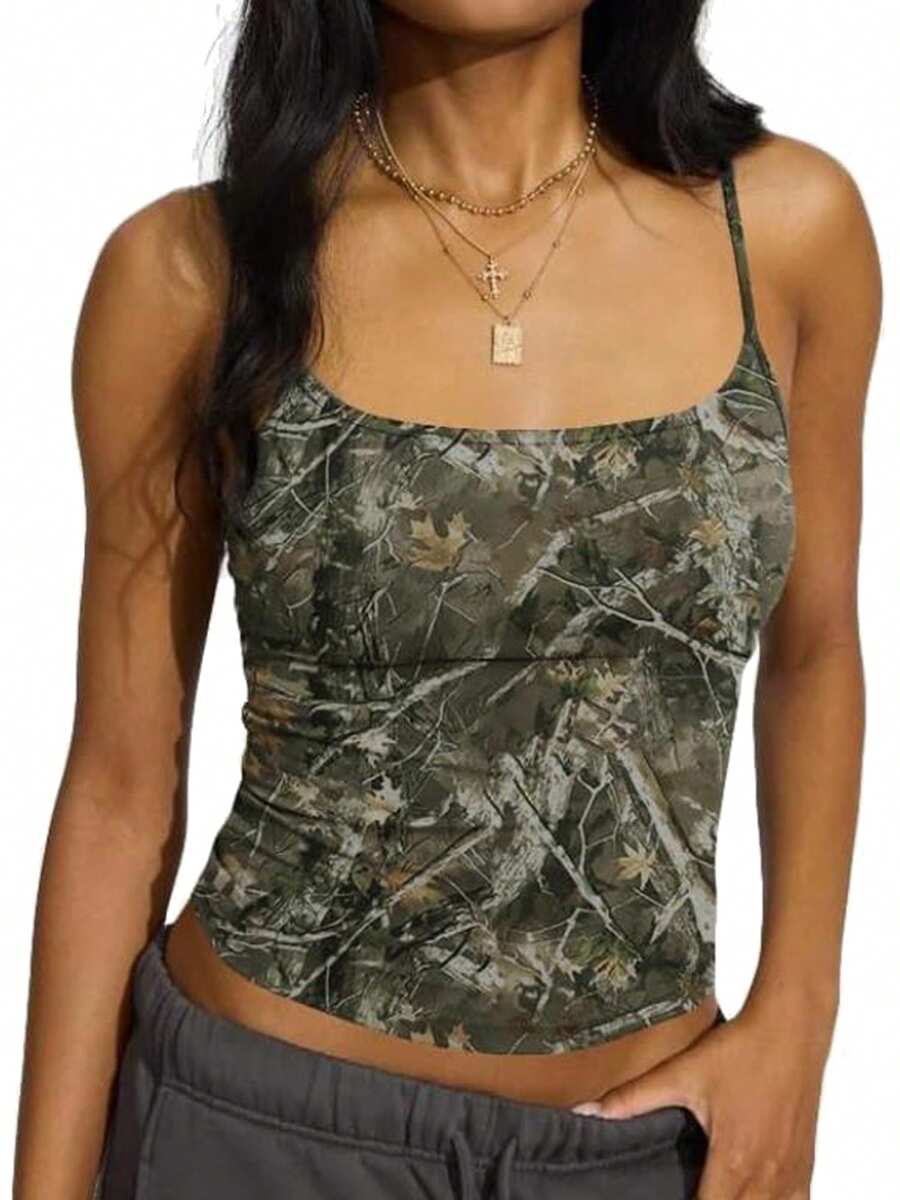 Women's Summer Camouflage Cami Tops Sleeveless Scoop Neck Forest Camo Print Camisole Slim Fit Tank Tops - Army Green - View 1