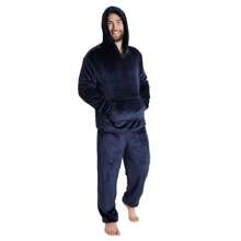 City Comfort Pyjama Set Warm Fleece With Fluffy Hoodie - Navy Blue - View 1