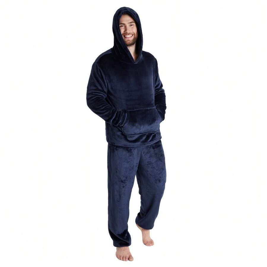 City Comfort Pyjama Set Warm Fleece With Fluffy Hoodie - Navy Blue - View 1