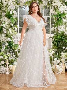 UNITHORSE UNITHORSE Plus Size Sweetheart Collar Cap Sleeve Ethereal Floral Mesh Overlay Slit Hem Lightweight Wedding Dress Evening Gown,Bride, All White Party Outfit Women