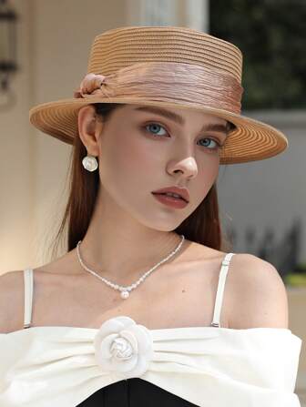 1 件法式极简主义奢华轻质拉菲草草帽，亚麻装饰平顶太阳帽，女士夏季度假防紫外线