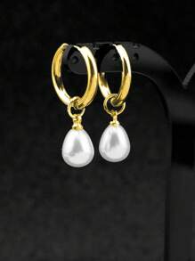 1 paire de boucles d'oreilles créoles en acier inoxydable pour femmes, style goutte d'eau avec perle, dorées/argentées, imperméables et inaltérables, convenant à un port quotidien