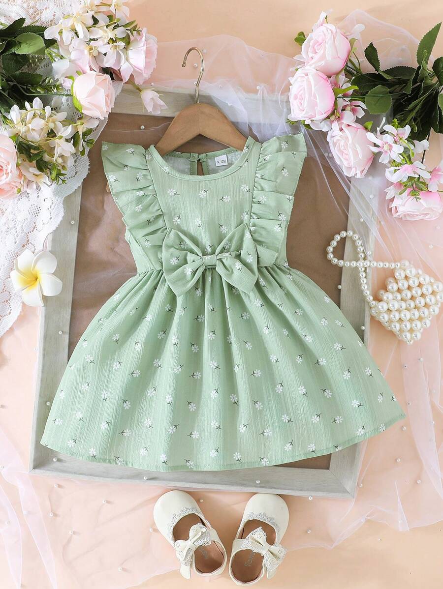 Baby Girls' Multi-Color Daisy Dress, Sleeveless With Big Bow Accent, Sweet Style For Outings