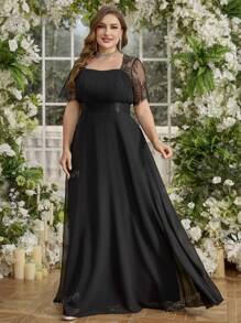 UNITHORSE Vestido de dama de honor elegante de gasa con cuello cuadrado, empalmado de encaje, unicolor, cintura plisada y vuelo para tallas grandes