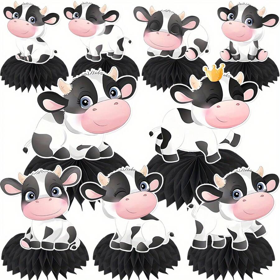 9 قطع مركزيات ذات طباعة جلد البقر على شكل خلايا العسل، إمدادات حفلة الحيوانات المزرعية ذات طباعة البقر، ديكورات حفلة الكاوبوي والموضوع الغربي لعيد الميلاد - أبيض وأسود - مشاهدة 1