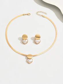 3pcs Elegant Necklace + Earrings Jewelry Set For Women, Fashion Golden Flat Snake Chain, Geometric Stripe Disc, Faux Pearl Heart Pendant Mixed Design Necklace, Delicate Clavicle Chain For Daily Wear, Holiday, All Seasons, High-End Gift Accessory - Golden - View 3