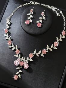 1 套向日葵水晶首饰套装：女士项链和耳环、婚礼派对配饰 - 粉色 - 查看 4