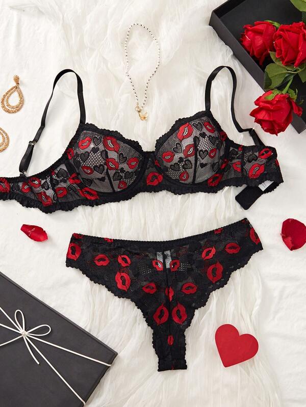 1 Set Women Lace Trim Lip Design Bra & Panty Set, Intimate & Comfortable Sexy Lingerie