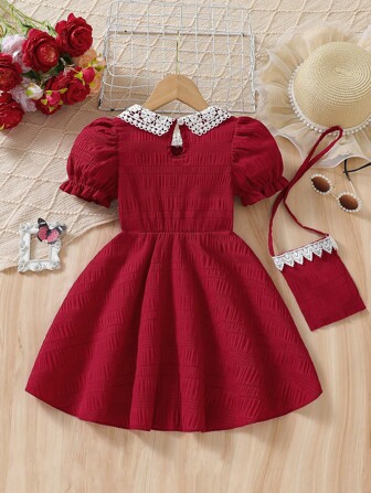 Girls Fashion Casual Floral Ruffled Collar Puff Sleeve Dress + Matching Simple Versatile Bag Set