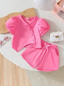 2 件套少女心形纽扣衬衫 + 可爱蝴蝶结短裤套装，时尚