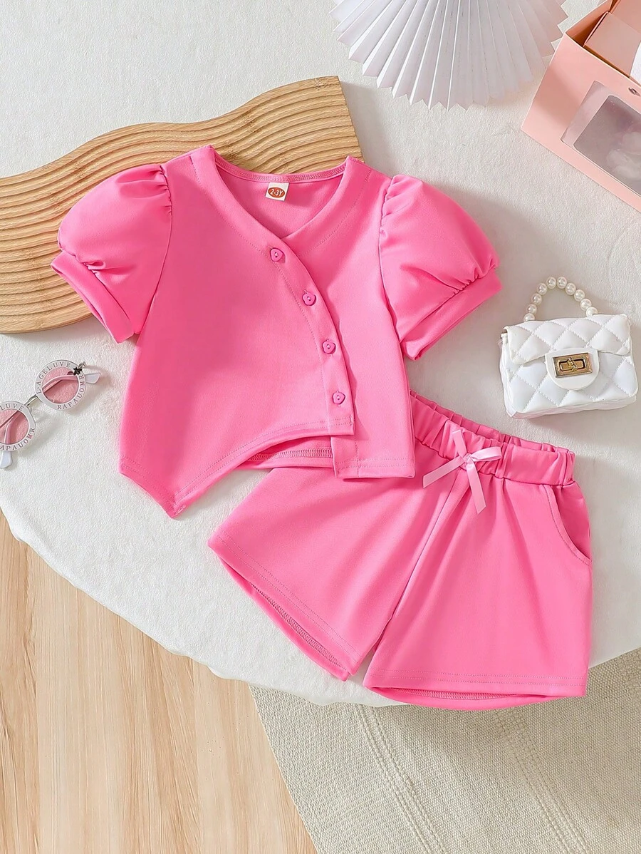 2 件套少女心形纽扣衬衫 + 可爱蝴蝶结短裤套装，时尚