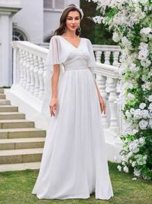 UNITHORSE Vestido de novia de lujo con volantes, adornos de cuentas en la cintura, silueta acampanada, vestido de novia elegante para la boda