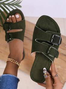 Damskie sandały z okrągłym noskiem, płaskim aksamitem, wysokiej jakości, z podwójnym paskiem i sprzączką, codzienne, modne i uniwersalne, odpowiednie do codziennego noszenia, na plażę, festiwal muzyczny, modną imprezę, randkę, spotkanie - Ciemnozielony - Zobacz 2