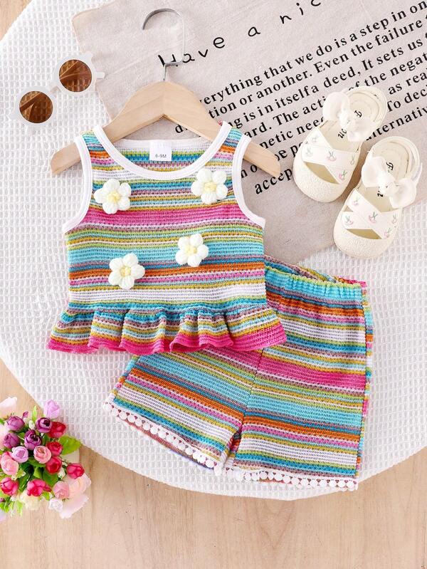 2pcs Baby Girl Summer Bohemian Style Dopamine Print Outfit, Rainbow Striped Sleeveless Frill Trim Top And Matching Rainbow Striped Ruffled Elastic Waist Shorts Set